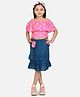 Lilpicks Couture Off Shoulder Half Sleeves Stripes Print Top And Asymmetrical Ruffle Hem Motif Print Skirt Set - Pink And Blue