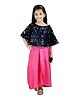 Lilpicks Couture Cape Sleeves Sequin Poncho And Solid Drape Skirt Set - Navy Blue And Pink