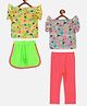Lilpicks Couture Cap Sleeves Floral Print Tees With Solid Shorts And Leggings Pack Of 2 Sets - Yellow Green And Grey Pink