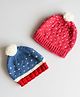 Woonie Hearts Knitted Pom Pom Detailing Handmade Woollen Caps Pack Of 2 - Blue And Pink-  Diameter 42 Cms