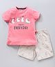 Sleepy Eyes Half Sleeves Top & Shorts Kitty Print - Light Pink & Off White
