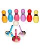 VParents Wooden Mini Bowling Pins Toy Set and Spin Tops - Multicolour
