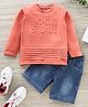 Babyhug Full Sleeves T-shirt with Rockstar Embroidery and Denim Shorts Set - Orange