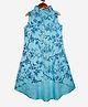 Kiddopanti Sleeveless Floral Branch And Bird Print High-Low Style Kurta - Aqua Blue