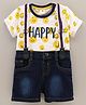 ToffyHouse Half Sleeves T-Shirt & Denim Shorts Set With Suspenders Happy Print - Yellow Blue