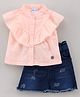 Bloom Up Half Sleeves Top With Denim Skirt - Peach Blue