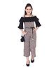 Cutecumber Three Fourth Sleeves Floral Printed Cold Shoulder Crop Length Jumpsuit With Sling Bag - Black