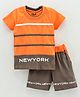 KandyFloss by Amul Half Sleeves T-Shirt & Shorts Set Text & Stripes Print - Orange