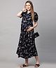 MomToBe Half Puffed Sleeves Peonies Print Maternity Dress - Denim Blue