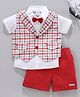 Little Folks Half Sleeves Checked Party Suit with Bow & Waist Coat - Red