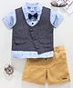 Little Folks Half Sleeves Cotton Printed Party Suit with Bow and Jacket - Blue Khaki