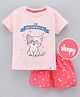 Lazy Bones Half Sleeves Tee & Shorts Set Cat Print - Pink