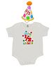 TINY MINY MEE Half Sleeves Its My Half Birthday Patch Bodysuit With Cap - White