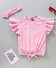Little Kangaroos Party Wear Flared Sleeves Hakoba Top With Slip & Headband - Pink