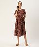 Nejo Half Sleeves Abstract Lines Print Maternity & Nursing Dress - Maroon