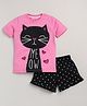 Little Marine Half Sleeves Cat Print T Shirt And Shorts - Pink