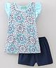 Tiara Half Sleeves Motif Print Top With Solid Shorts - Blue