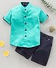 Knotty Kids Half Sleeves Solid Shirt With Shorts - Green Navy Blue