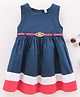 Babyhug 100% Cotton Sleeveless Frock With Belt & Stripes Print - Navy Blue