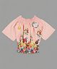 Actuel Half Sleeves Floral Applique On Polka Dot Printed Top - Peach & White