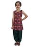 Aglare Sleeveless Folk Art Printed Lace Neckline Detail Kurta & Solid Salwar Set - Black & Green