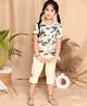 Kids Cave Half Puffed Sleeves Camo Printed Tee & Three Fourth Length Bow Applique Gathered Detail Solid Capri Pants - Beige