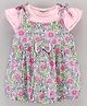 Wonderchilf Cap Sleeves Solid Top With Floral Printed & Bow Appliqued Dungaree Style Dress - Pink