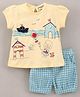 Wonderchild Short Sleeves Girl With Kite Beach Printed Top With Checked Shorts - Lemon Yellow