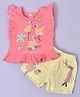 KETIMINI Frill Sleeves Flamingos Printed Top With Flamingo Patch Detail Shorts - Pink