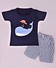 Kiwi  Whale Print Half Sleeves Tee With Striped Shorts - Blue