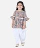 Aww Hunnie Three Fourth Sleeves Floral Print Kurti With Dhoti - Peach White