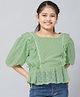 Stylo Bug Half Sleeves Dots Self Design Frill Detailing Top - Green