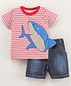 Wonderchild Half Sleeves Candy Striped Shark Printed Tee With Button Down Shorts - Red