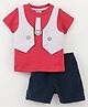 Wonderchild Half Sleeves Checkered & Bear Applique Waistcoat Style Tee With Shorts - Maroon
