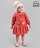 Babyoye Full Sleeves Cotton Knit Woollen Dress Embroidered Design with Bow Applique - Coral