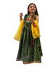 Aglare Cap Sleeves Radha Krishna Embroidered Embellishment Yoke Detail Bandhani Choli & Lehenga With Lace Embellished Net Dupatta - Green