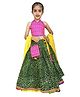 Aglare Sleeveless Backless Halter Neck Tie Up Contrast Brocade Choli & Bandhani Lehenga With Dupatta With Coordinated Handbag - Pink & Green