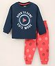 GRO Full Sleeves Night Suit Text Print - Navy Blue