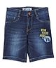 LEO Stretch Button Down Wow Your Mind Embroidered Solid Denim Bermuda Shorts - Navy Blue