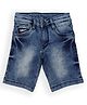 LEO Stretch Button Down Leo Denim Spirit Pocket Embroidered Solid Denim Bermuda Shorts - Blue
