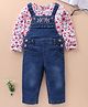 Babyhug Denim Floral Embroidery Dungaree with Cotton Full Sleeves Floral Print Top -