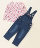 Babyhug Denim Floral Embroidery Dungaree with Cotton Full Sleeves Floral Print Top -