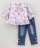 WOW Full Sleeves Butterfly Printed Top with Bow Applique and Jeans Set - Light Purple