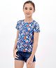 Primo Gino All Over Floral Digital Print Half Sleeves Tee with Smocking on Side Seams in Cotton Elastane Fabric - Blue