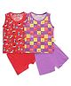 SuperBottoms Pack Of 2 Sleeveless All Over Square Emojis And Dog Printed Tops And Solid Shorts - Red & Purple