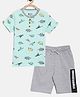 3PIN Half Sleeves Dinosaurs Print Tee & Shorts Set - Blue & Melange Grey