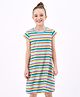 Primo Gino Cap Sleeves Striped Pattern Dress with Digital print Treatment and Side Slit in Cotton Elastane Fabric - Multicolor