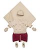 Tiber Taber Full Sleeves Embroidered Kurta With Pleated Dhoti & Printed Towel With Pair Of Mittens & Booties - Beige