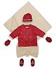 Tiber Taber Full Sleeves Embroidered Kurta With Pleated Dhoti & Printed Towel With Pair Of Mittens & Booties - Maroon