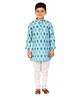 P-MARK Full Sleeves Warp Ikat Traditional Kurta & Pyjama Set - Light Blue